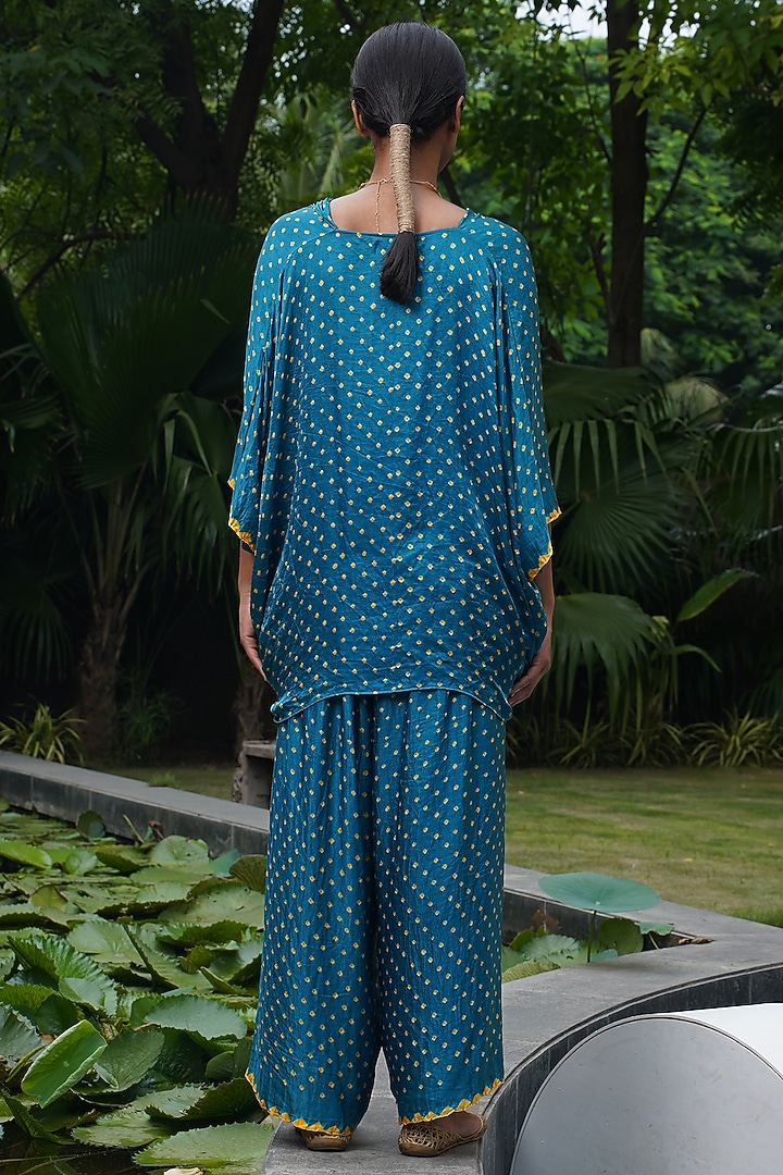 Teal Blue Gajji Silk Palazzo Pant Set by Dyelogue at Pernia's Pop Up Shop