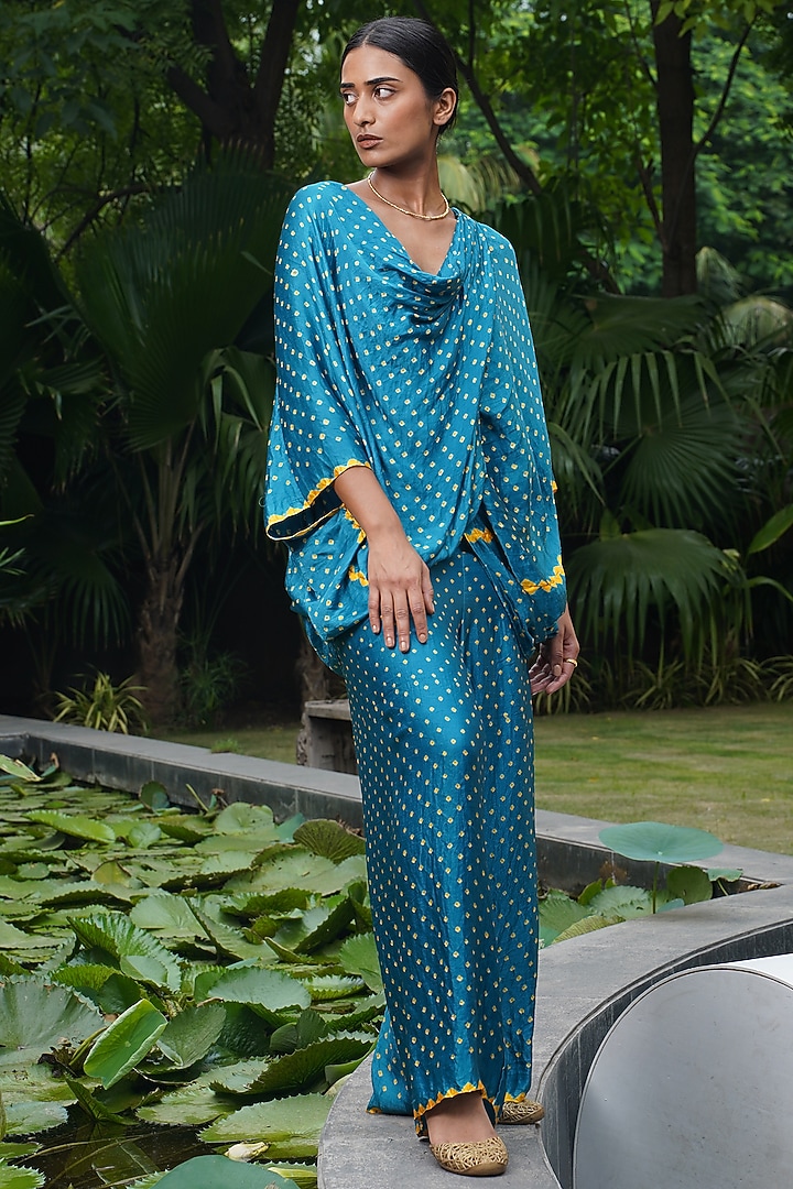 Teal Blue Gajji Silk Palazzo Pant Set by Dyelogue at Pernia's Pop Up Shop
