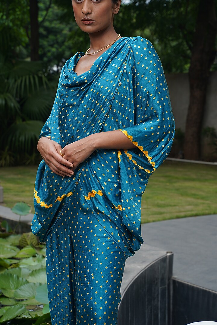 Teal Blue Gajji Silk Palazzo Pant Set by Dyelogue at Pernia's Pop Up Shop