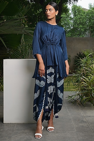 Indigo Blue Gajji Silk Bandhani Skirt Set by Dyelogue