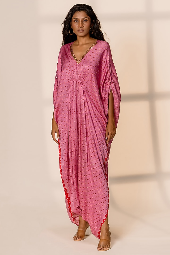 Pink Gajji Silk Bandhani Kaftan-Style Jumpsuit by Dyelogue at Pernia's Pop Up Shop