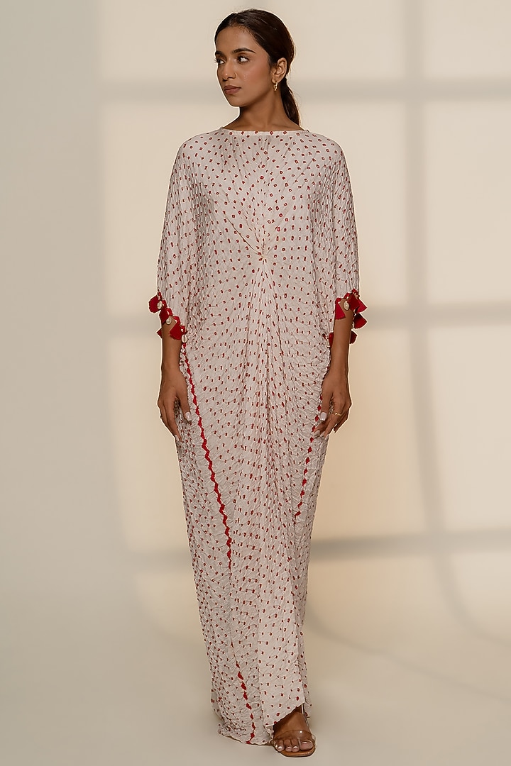 White Gajji Silk Bandhani Knot Kaftan by Dyelogue at Pernia's Pop Up Shop