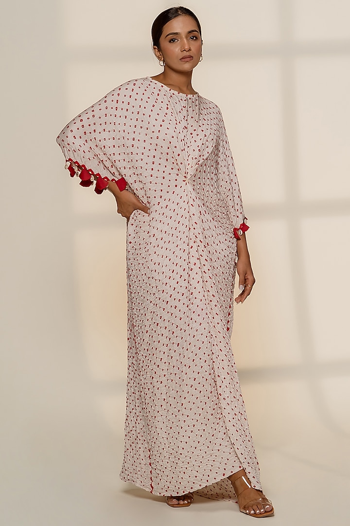 White Gajji Silk Bandhani Knot Kaftan by Dyelogue at Pernia's Pop Up Shop