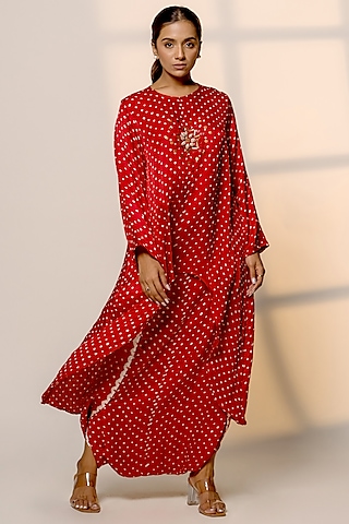 Red Gajji Silk Motif Embroidered High-Low Kurta Set by Dyelogue