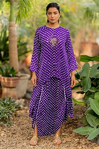 Purple Gajji Silk Motif Embroidered High-Low Kurta Set by Dyelogue