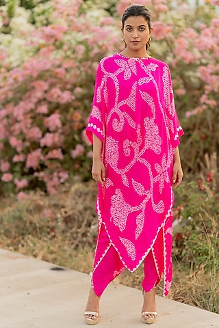 Pink Gajji Silk Asymmetric Kurta Set by Dyelogue