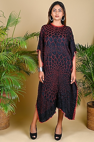 Black & Red Gajji Silk Bandhani Kaftan by Dyelogue