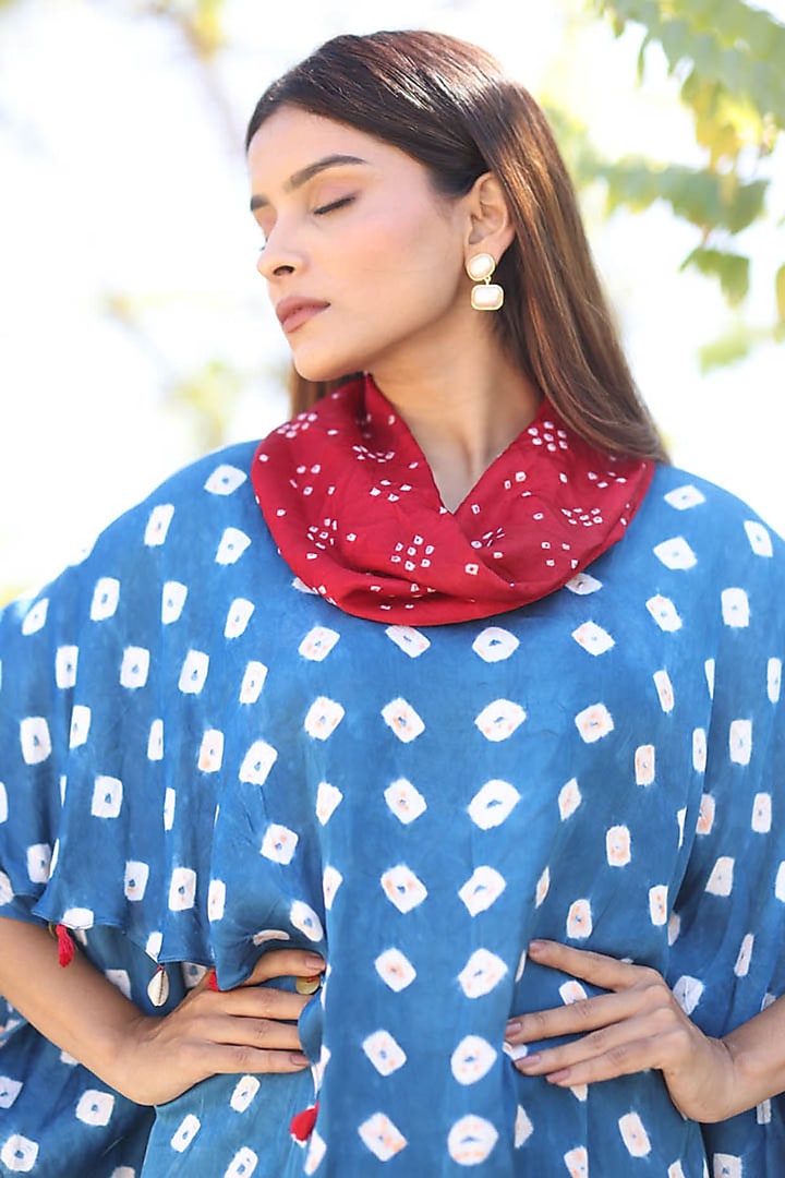 Blue Modal Silk Bandhani Overlap Top by Dyelogue at Pernia's Pop Up Shop