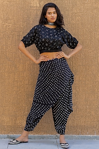 Black Gajji Silk Bandhani Wrap Dhoti by Dyelogue