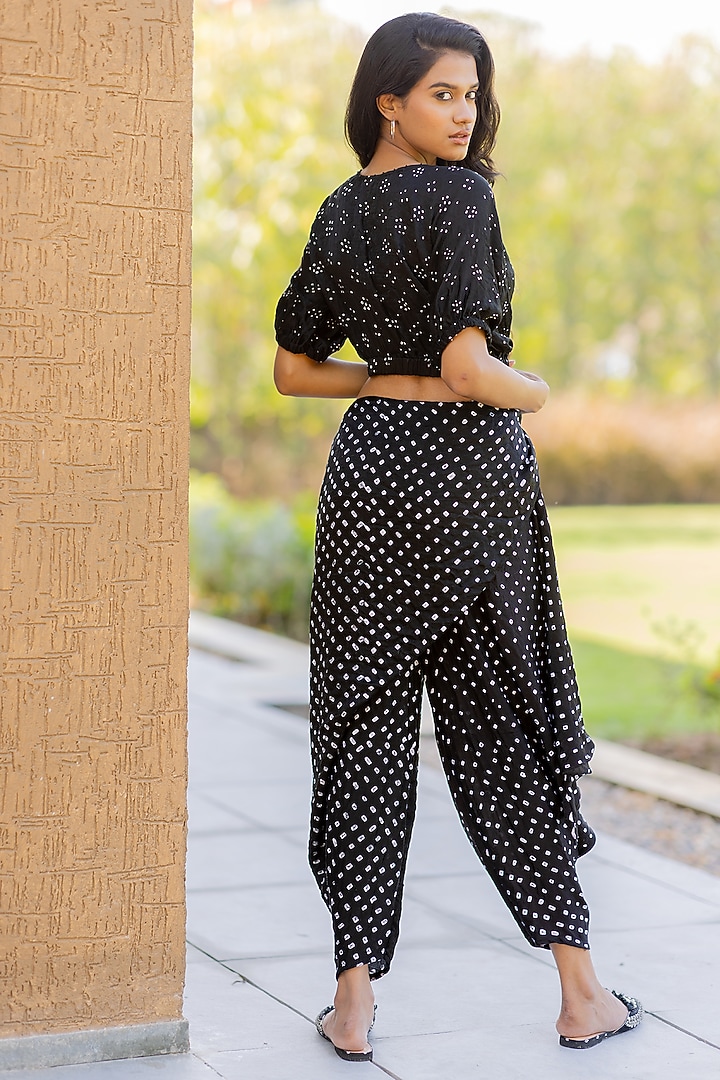 Black Gajji Silk Bandhani Wrap Dhoti by Dyelogue at Pernia's Pop Up Shop