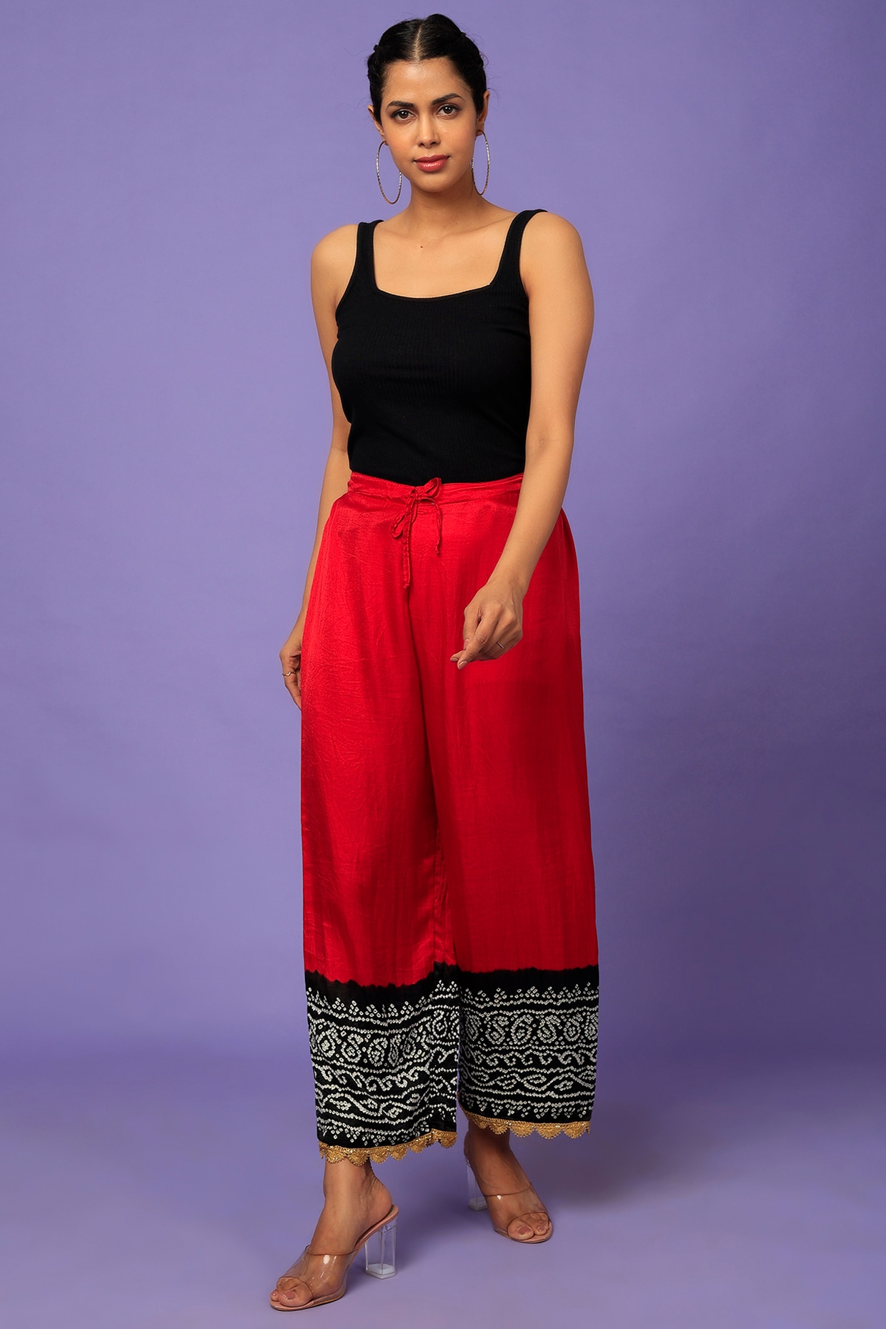 Curves Red Ditsy Floral Wide Leg Crop Trousers  New Look