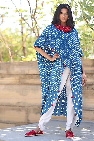 Blue Modal Silk Bandhani Overlap Top by Dyelogue