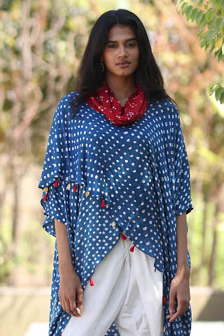 Blue Modal Silk Bandhani Overlap Top by Dyelogue at Pernia's Pop Up Shop