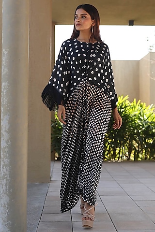 Black Modal Silk Bandhani Kaftan by Dyelogue