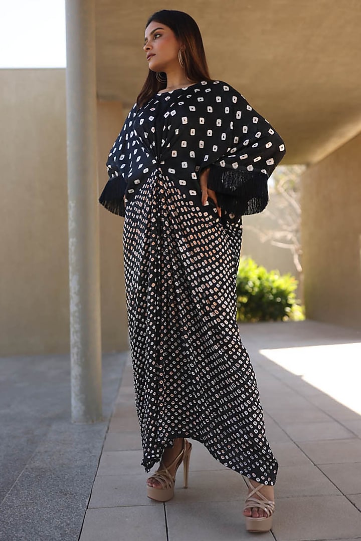 Black Modal Silk Bandhani Kaftan by Dyelogue at Pernia's Pop Up Shop