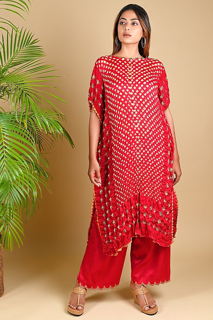 Red Gajji Silk Kaftan by Dyelogue