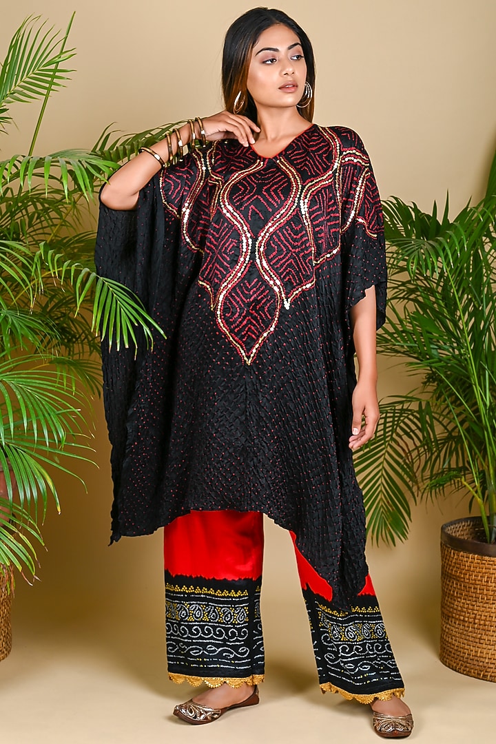 Black Gajji Silk Sequin Embellished Bandhani Kaftan by Dyelogue at Pernia's Pop Up Shop