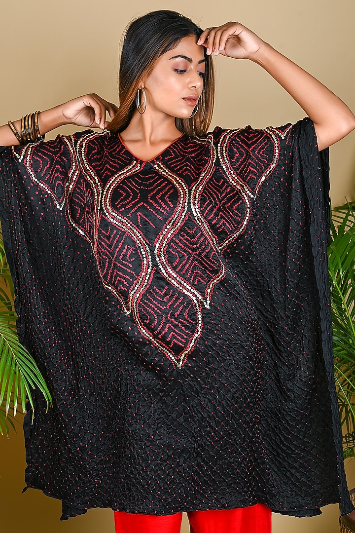Black Gajji Silk Sequin Embellished Bandhani Kaftan by Dyelogue at Pernia's Pop Up Shop