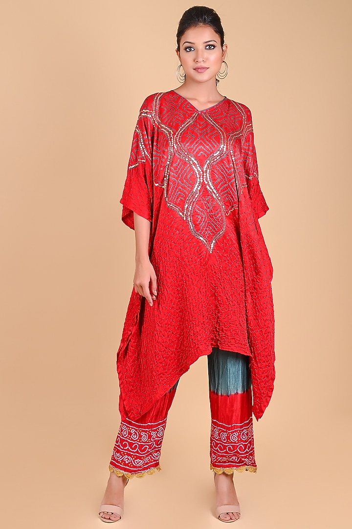 Red Gajji Silk Sequin Embellished Bandhani Kaftan by Dyelogue at Pernia's Pop Up Shop