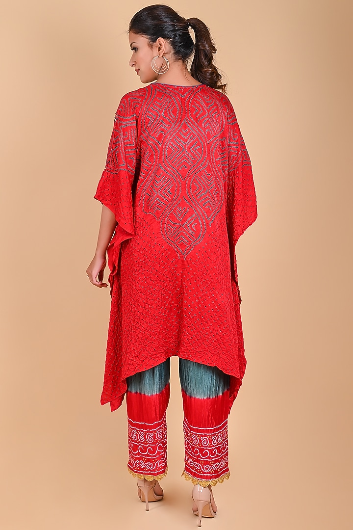 Red Gajji Silk Sequin Embellished Bandhani Kaftan by Dyelogue at Pernia's Pop Up Shop