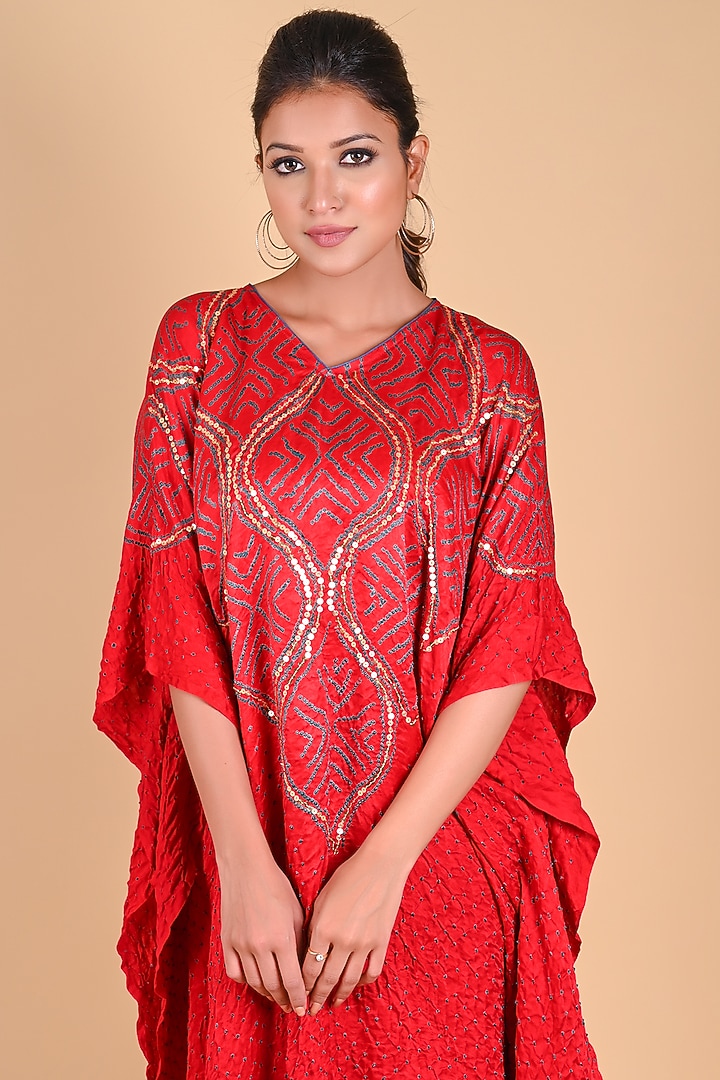 Red Gajji Silk Sequin Embellished Bandhani Kaftan by Dyelogue at Pernia's Pop Up Shop