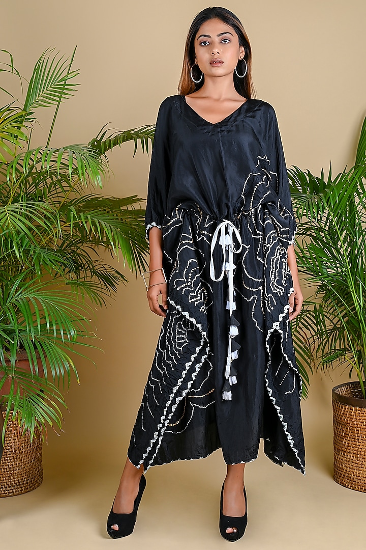 Black Habutai Silk Embellished Kaftan by Dyelogue