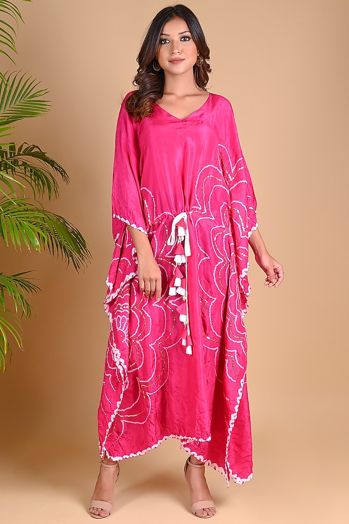 Fuchsia Habutai Silk Embellished Kaftan by Dyelogue