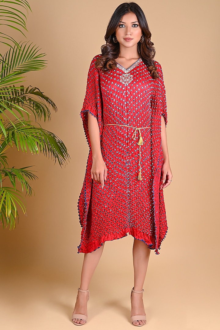 Red Hand Embroidered Kaftan by Dyelogue
