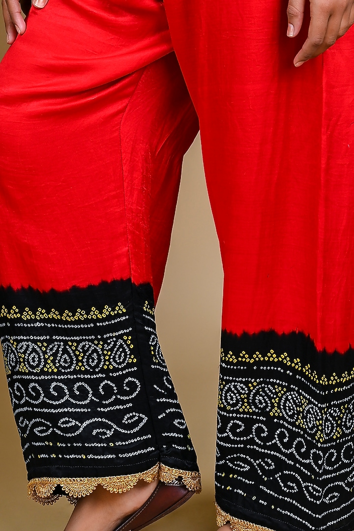 Black & Red Gajji Silk Bandhani Palazzo Pants by Dyelogue at Pernia's Pop Up Shop