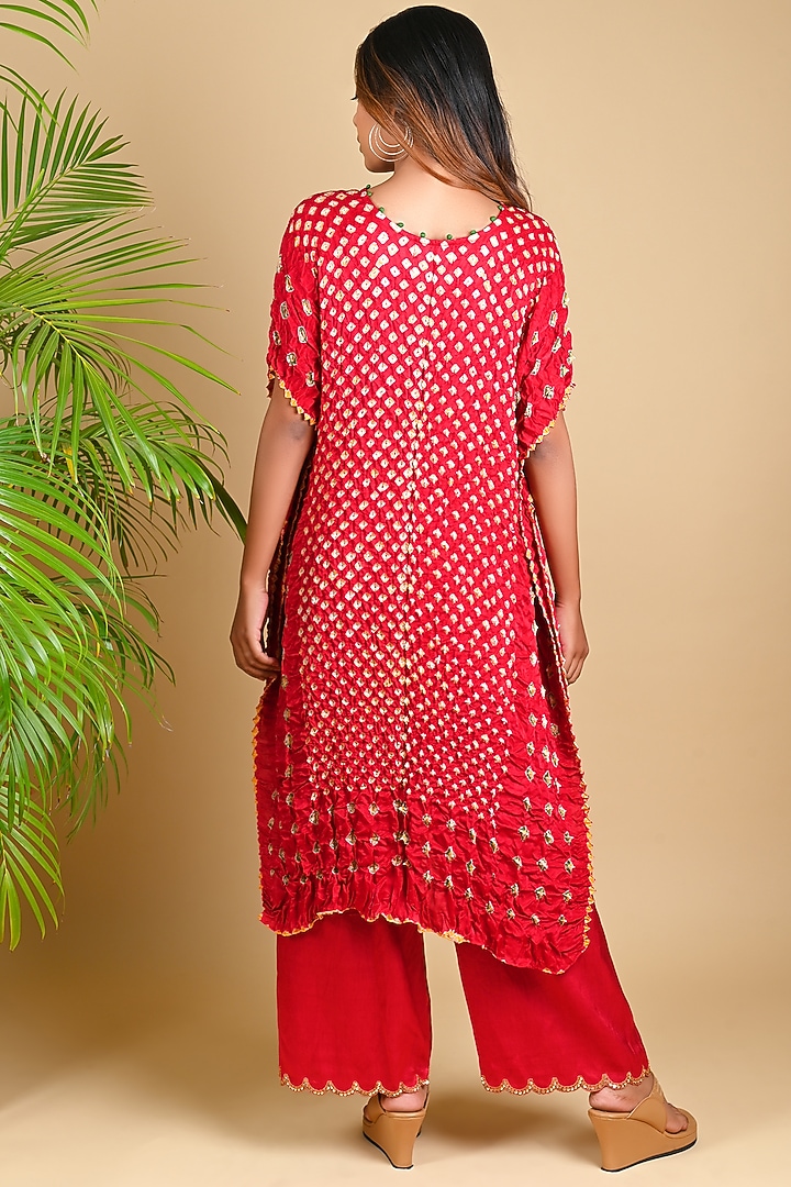 Red Embroidered Scalloped Pants by Dyelogue at Pernia's Pop Up Shop