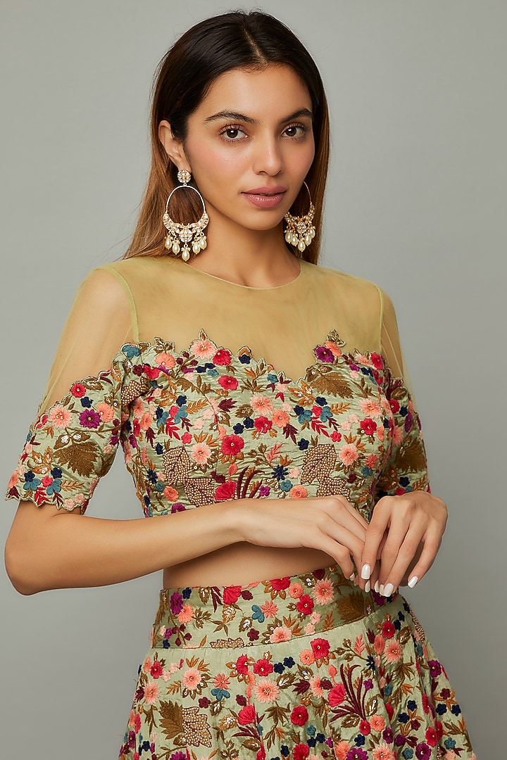 Pastel Green Dupion Silk Embroidered Wedding Lehenga Set by Divya Kanakia at Pernia's Pop Up Shop