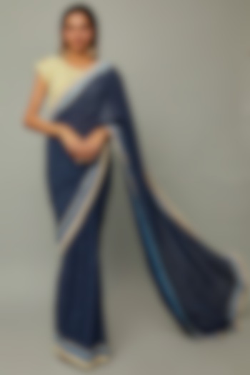 Dark Blue Bandhani & Georgette Embroidered Saree Set by Divya Kanakia