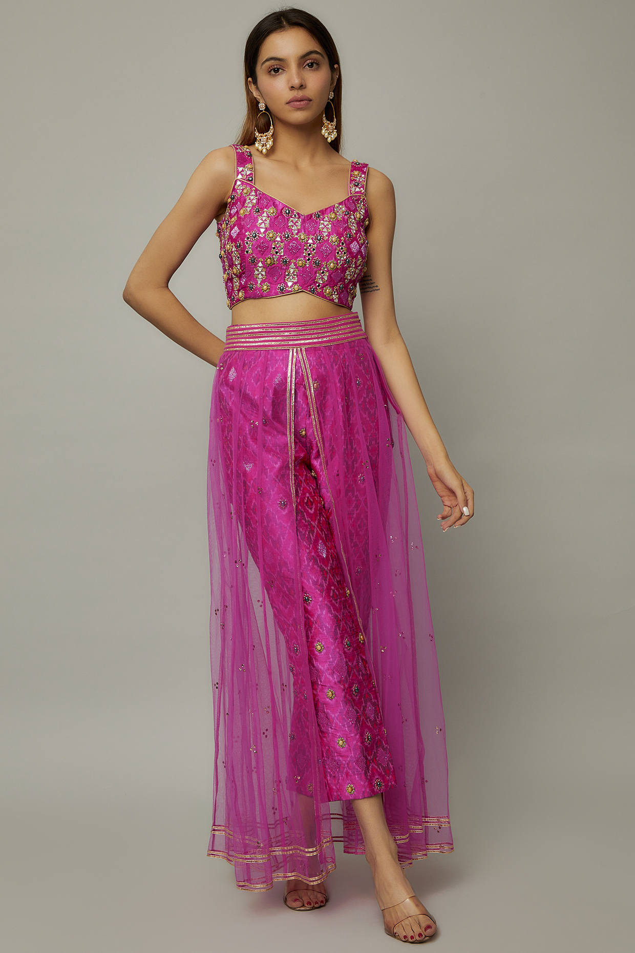 Rani Pink Net Embroidered Skirt Set by Divya Kanakia at Pernia's Pop Up Shop
