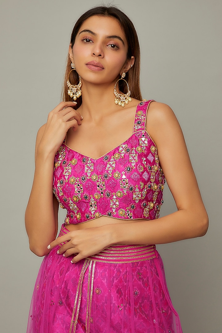 Rani Pink Net Embroidered Skirt Set by Divya Kanakia at Pernia's Pop Up Shop