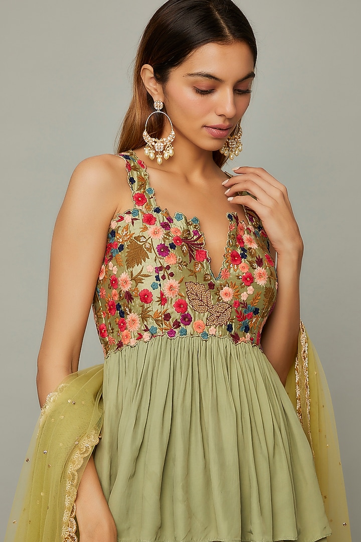 Pastel Green Satin Organza Palazzo Pant Set by Divya Kanakia at Pernia's Pop Up Shop