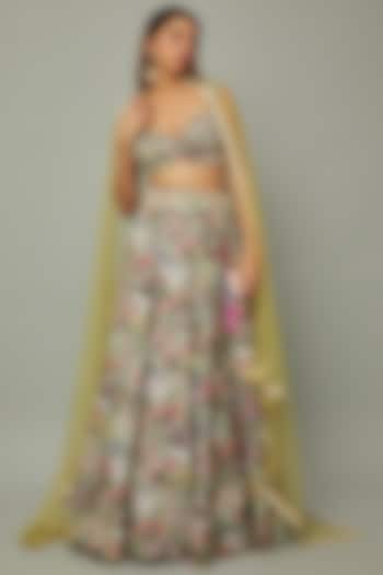 Pastel Green Satin Printed & Embroidered Wedding Lehenga Set by Divya Kanakia at Pernia's Pop Up Shop