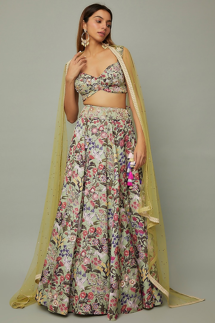 Pastel Green Satin Printed & Embroidered Wedding Lehenga Set by Divya Kanakia at Pernia's Pop Up Shop