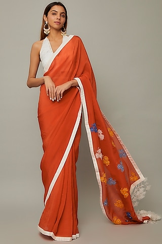 Rust Orange Organza Embroidered Saree Set by Divya Kanakia