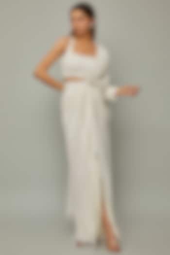 White Georgette Lycra Sequins Embellished Pre-Stitched Saree Set by Divya Kanakia