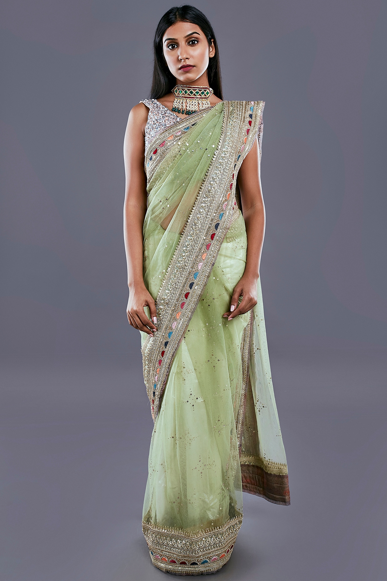 Shop Pastel Green Mashru Silk Saree Online in USA| Embroidered Border –  Pure Elegance