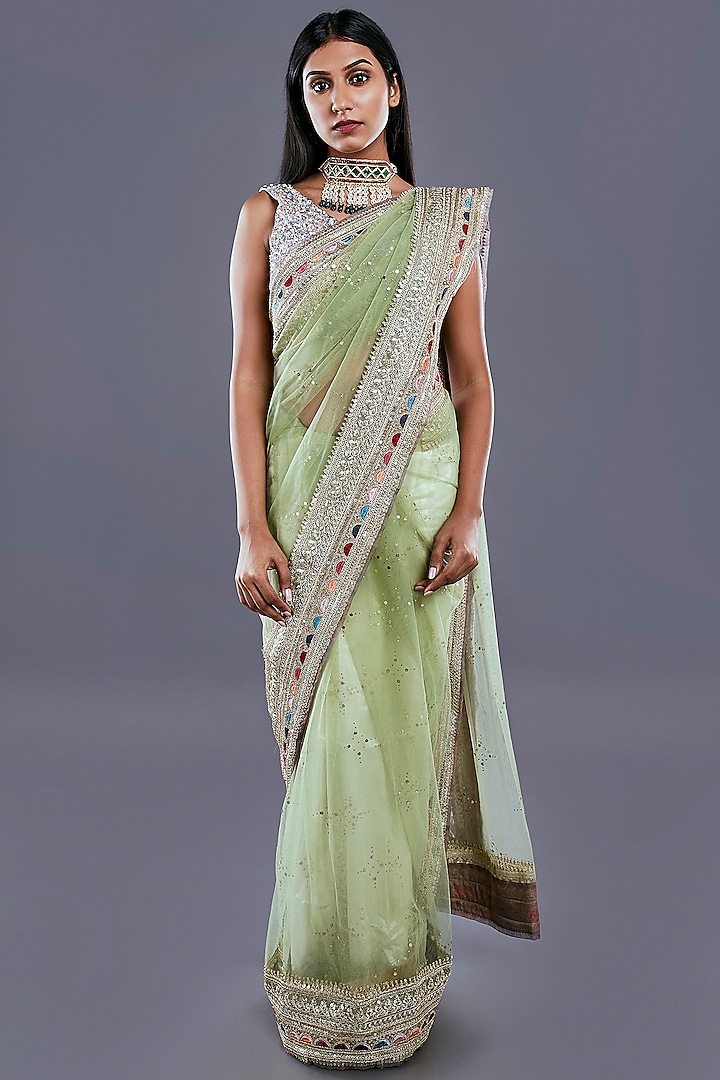 Pastel Green Embroidered Saree Set by Divya Kanakia