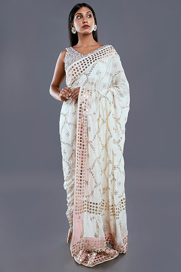 Off-White Embroidered Saree Set by Divya Kanakia