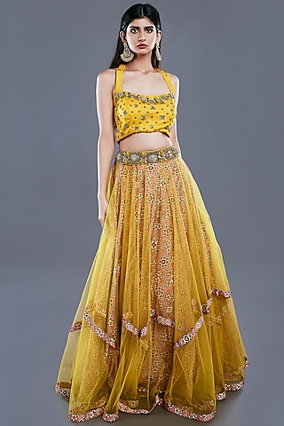 Ochre Yellow Printed Lehenga Set by Divya Kanakia