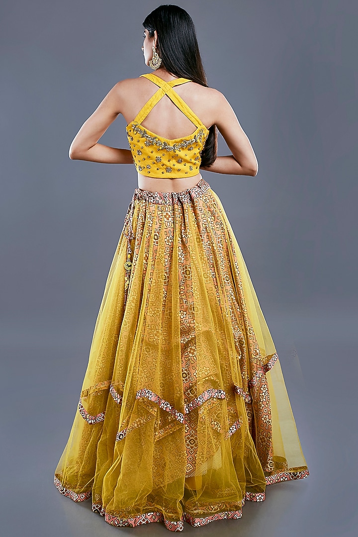Ochre Yellow Printed Wedding Lehenga Set by Divya Kanakia at Pernia's Pop Up Shop