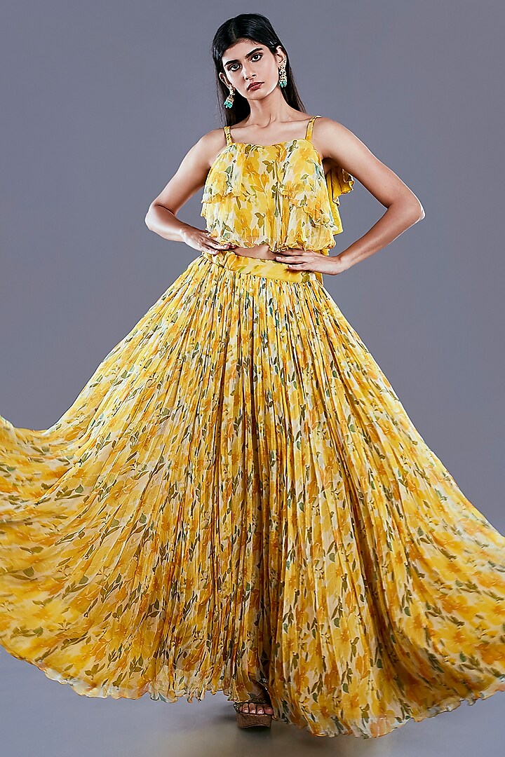 Ochre Yellow Printed Skirt Set by Divya Kanakia