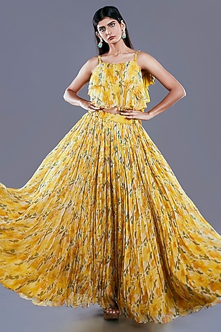 Ochre Yellow Printed Skirt Set by Divya Kanakia