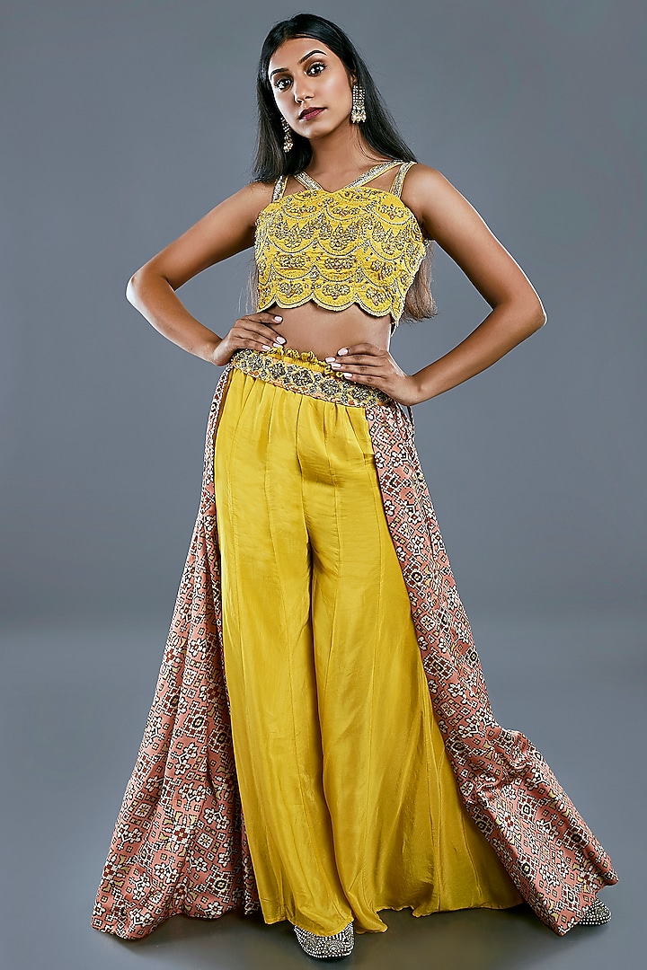 Ochre Yellow Raw Silk Pant Set by Divya Kanakia