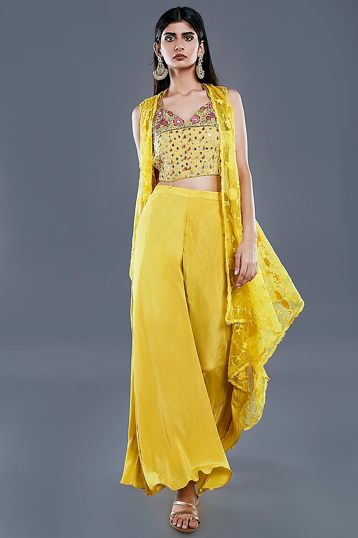 Ochre Yellow Crepe Embroidered Jacket Set by Divya Kanakia