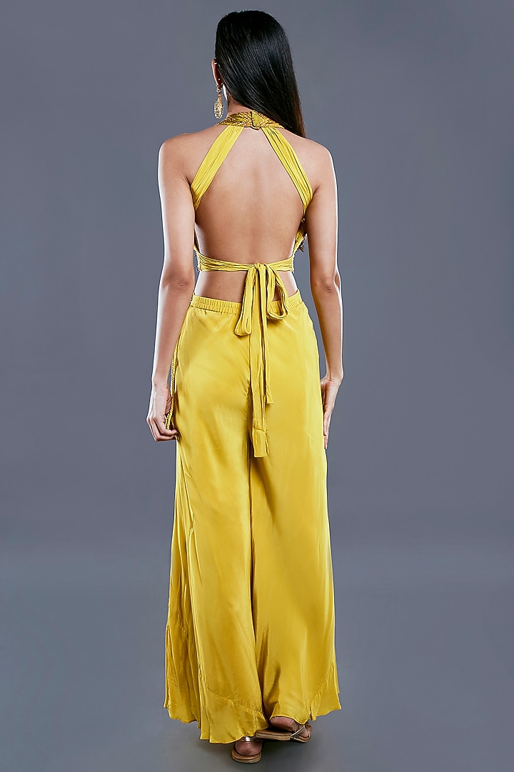 Ochre Yellow Crepe Embroidered Jacket Set by Divya Kanakia at Pernia's Pop Up Shop