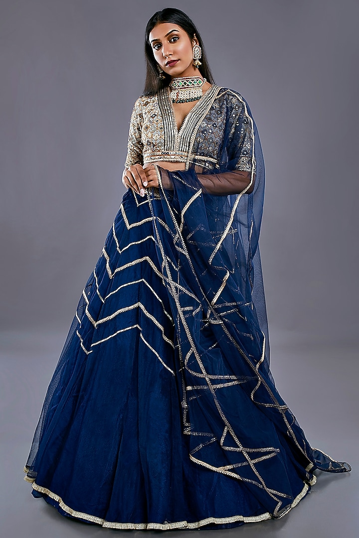 Cobalt Blue Thread Embroidered Lehenga Set by Divya Kanakia